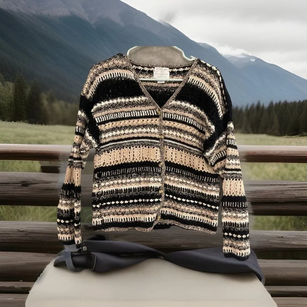 Vtg  Christopher & Banks Hand Knit Cardigan Sweater Women’s M Black, White & Tan